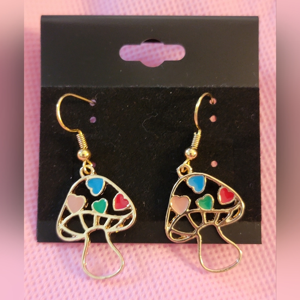 NWOT Handcrafted Colorful Heart Mushroom Earrings